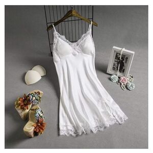 Women's White Lace-Trim Satin Slip Dress